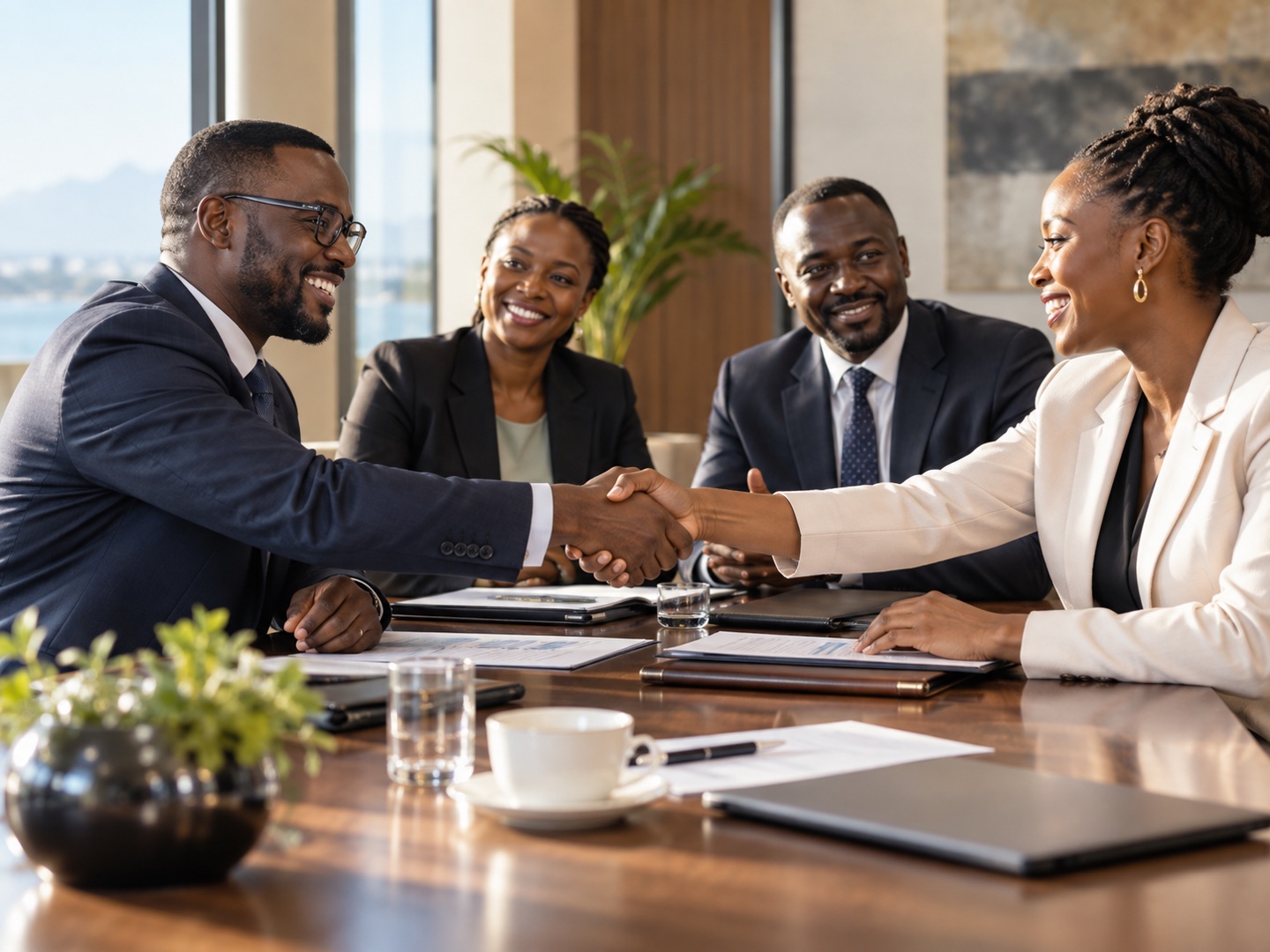 Joint-venture investment partners shaking hands after reaching an agreement