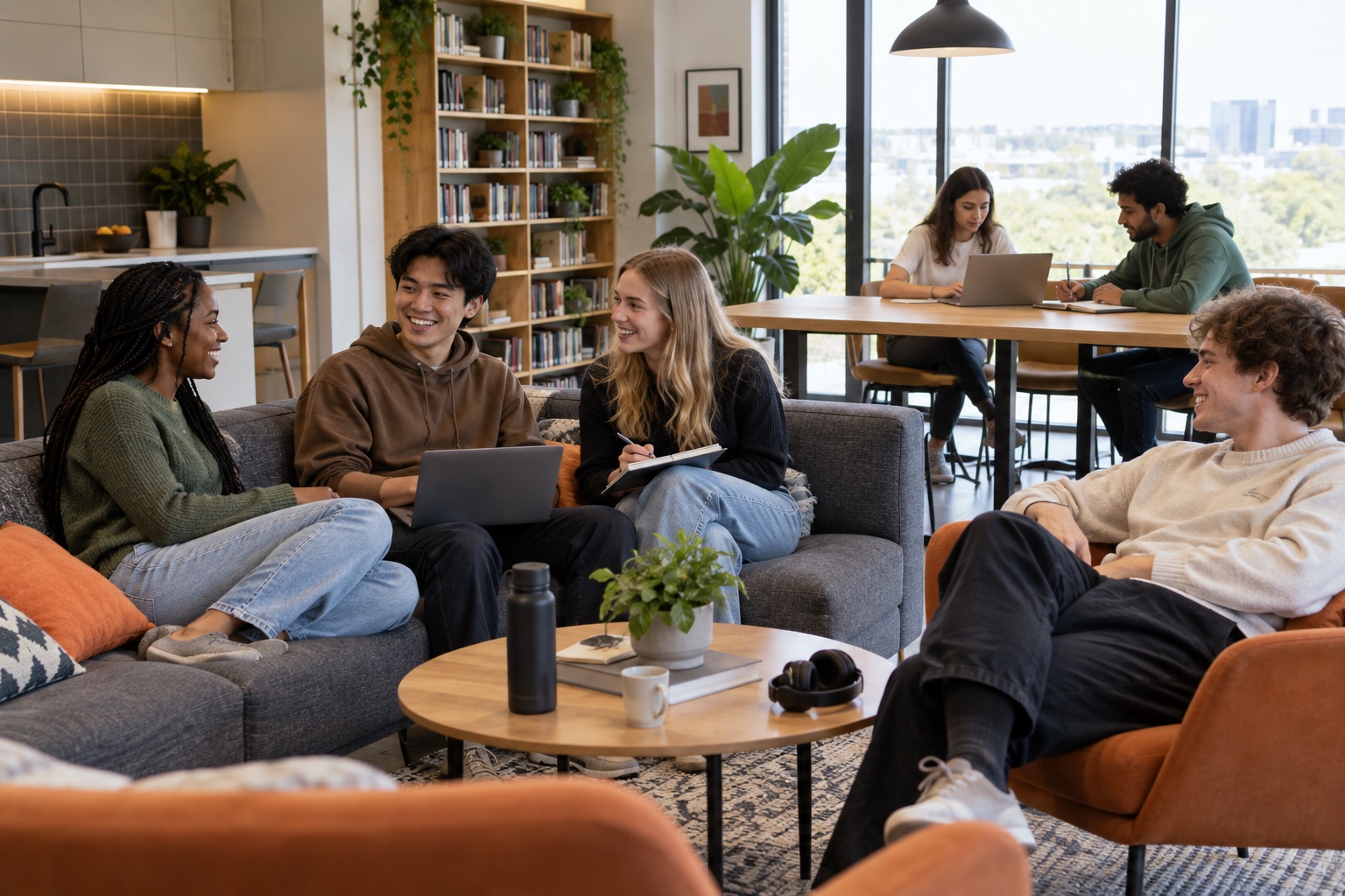 Students relaxing and studying together in a modern community lounge