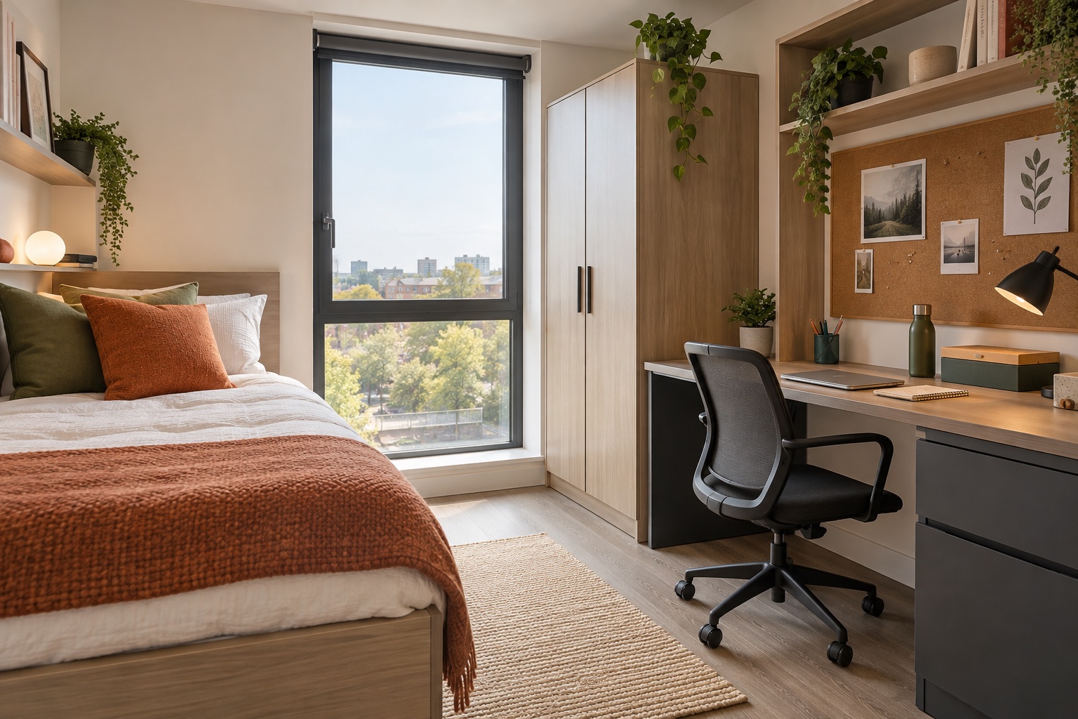 Bright furnished student bedroom with a dedicated study area
